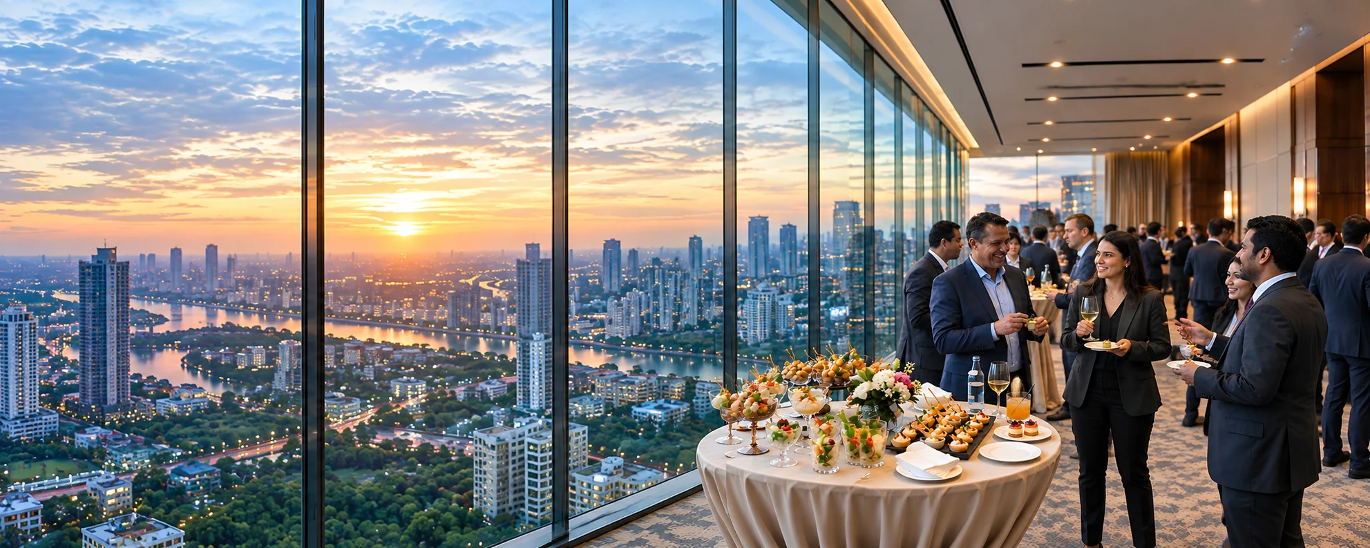 Corporate guests mingling at an evening reception overlooking a city skyline