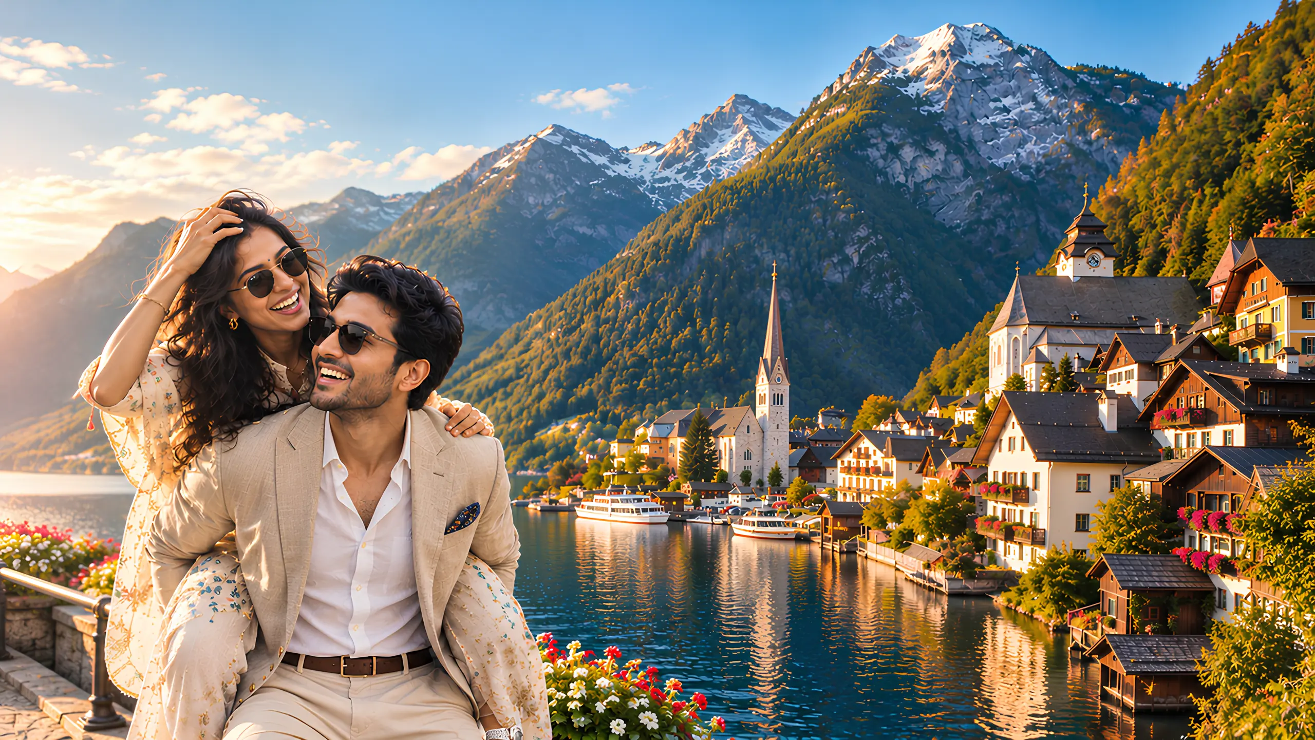 Couple smiling at an alpine lakeside village at golden hour