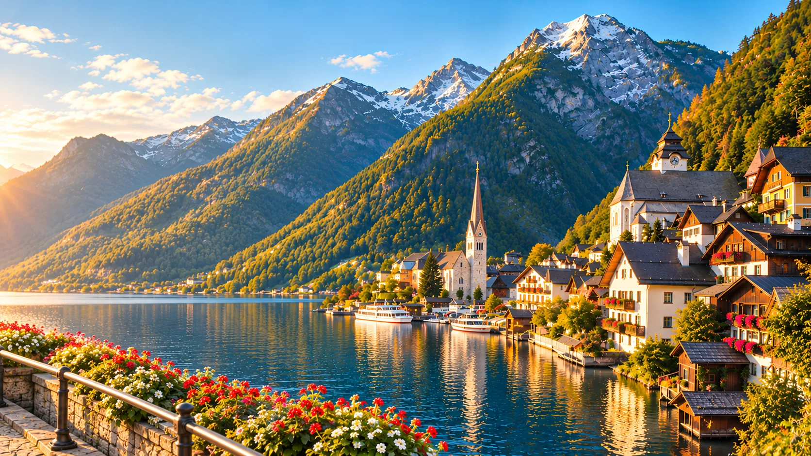 Scenic alpine lakeside village at golden hour